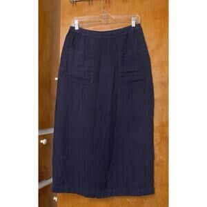 Eskandar Linen Lagenlook Midi Skirt Pull On Pockets Navy Blue Boho Sz 1 S/M